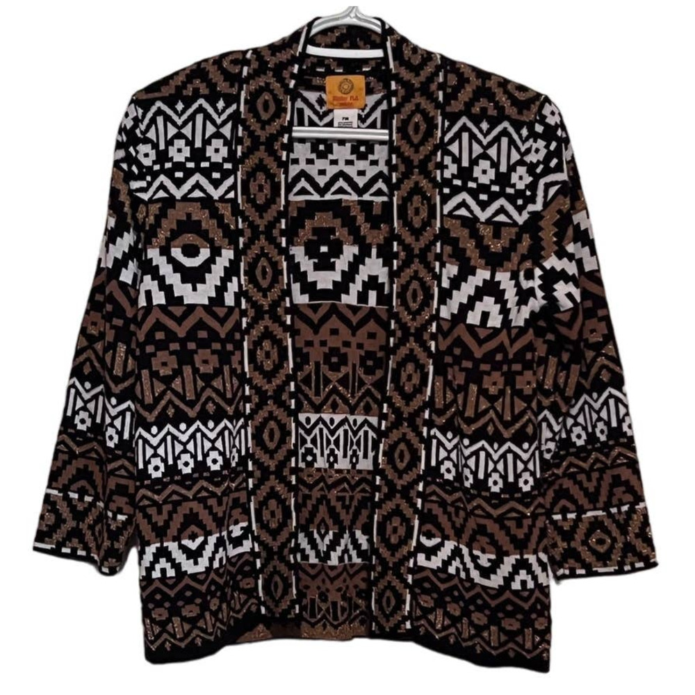 Ruby Rd. Women's Machu Pichu Sweater Cardigan Gold Black White Size PM‎